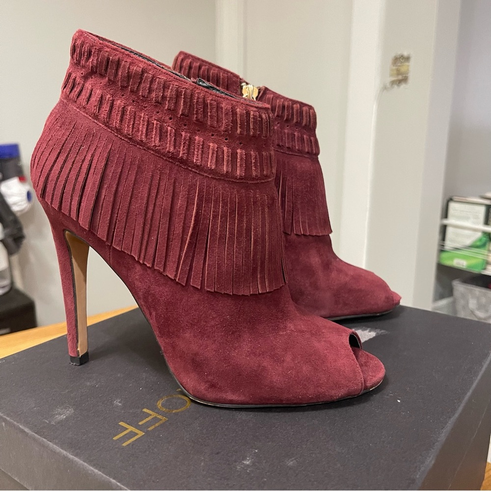 Rebecca Minkoff Women's Rio Fringe Open Toe Booties, Port - Picture 6 of 10